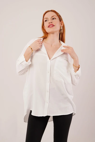 Salaş Kesim Cepli Beyaz Gömlek - Resim 3