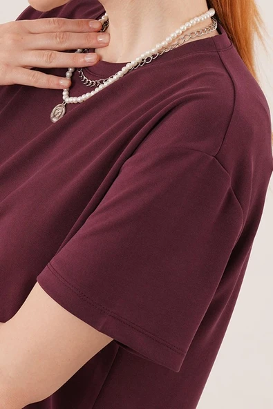 Yırtmaç Detaylı Kısa Kollu Salaş Maxi Bordo Elbise - Resim 6