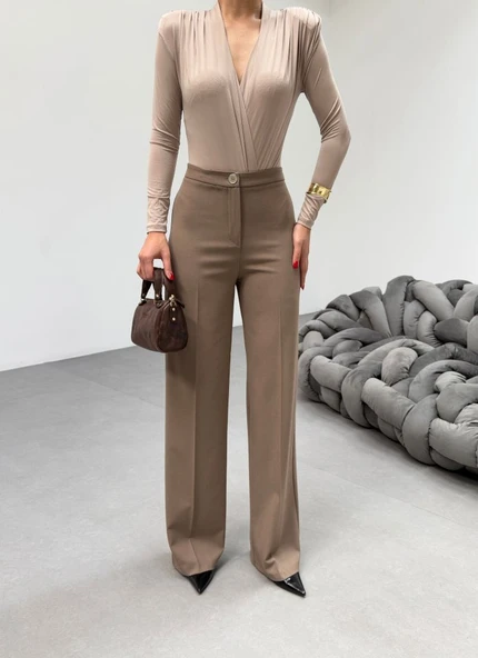 230 Gr Poly Viscose Lycra Metal Düğme Palazzo Pantolon - Resim 7