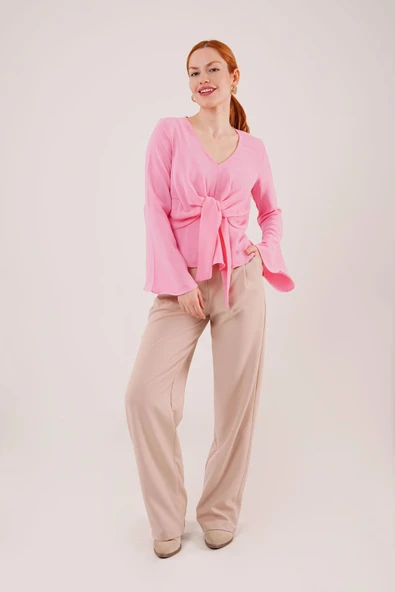 Ön Bağlamalı Volan Kol Pembe Bluz - Resim 2
