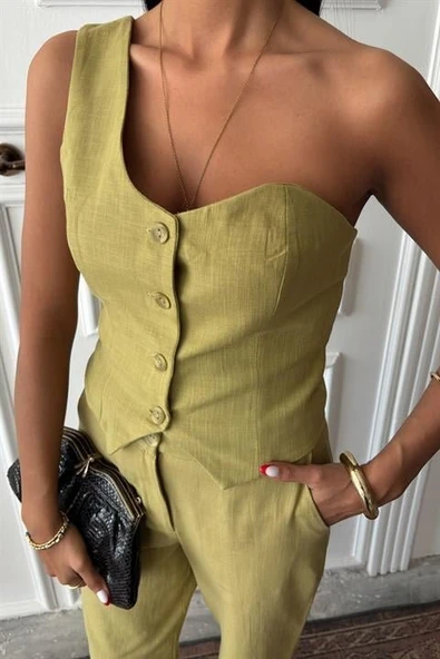 Tek Omuz Büstiyer Plazzo Pantolon Viscon Takım 10159 - Resim 7