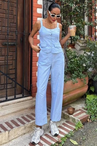 Kalın Askılı Bluz Pantolon Keten Takım 10187 - Resim 5