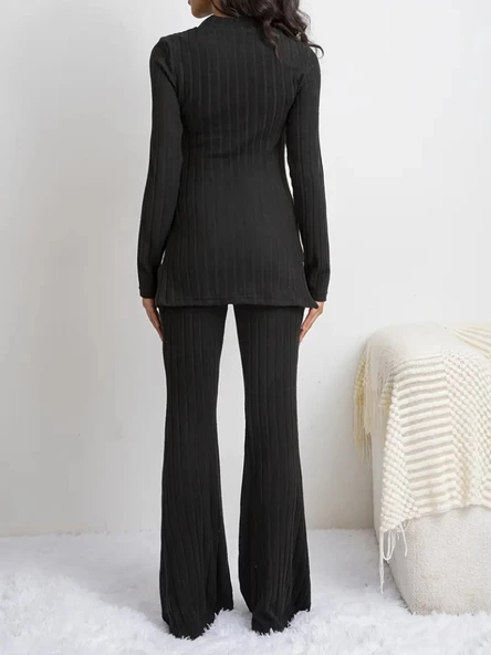 Kadın Uzun Kollu Yuvarlak Yaka Yandan Yırtmaç Detaylı şardonlu Kaşkorse Bluz Ve Pantolon Ikili Takım - Resim 8