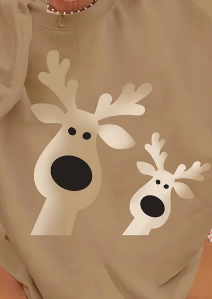 Kadın Uzun Kollu Bisiklet Yaka Geyik Desenli Viskon Iki Iplik Bluz - Resim 8