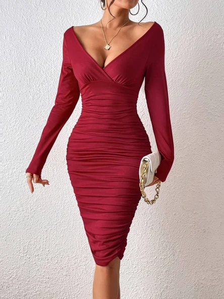 Kadın Uzun Kollu Derin Kruvaze Yakalı Büzgülü Sandy Midi Elbise - Resim 7