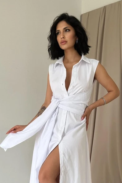 Beyaz Gömlek Yaka Bağlamalı Elbise - Resim 6