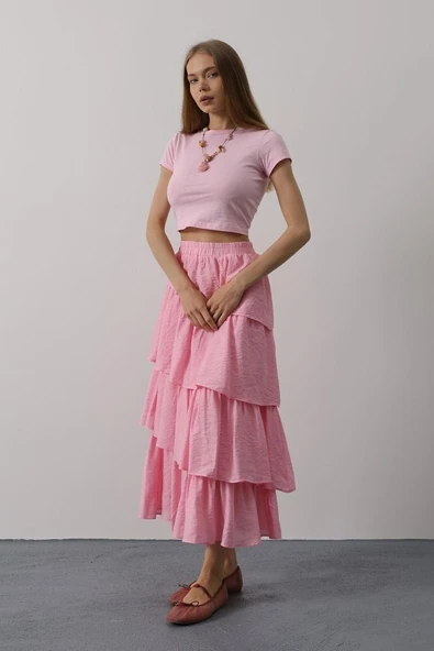 Katlı Kesim Uzun Etek - Pembe - Resim 4