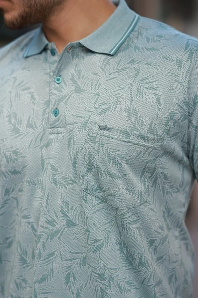 Erkek Yakalı Jakar Baskılı Kısa Kollu T-shirt - Resim 6