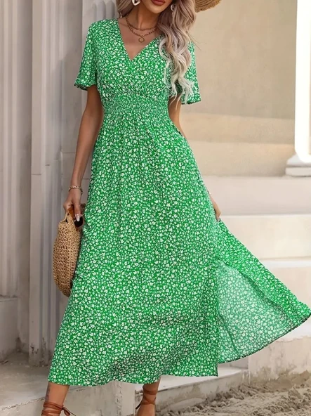 Kadın Kısa Kollu Kruvaze Yaka Beli Lastikli Yanlardan Yırtmaçlı Uzun çiçekli Elbise ürün görseli