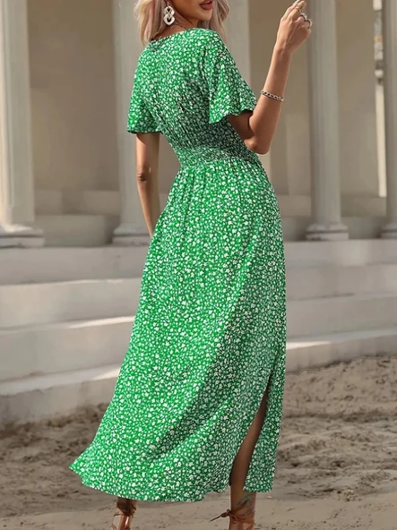 Kadın Kısa Kollu Kruvaze Yaka Beli Lastikli Yanlardan Yırtmaçlı Uzun çiçekli Elbise - Resim 3