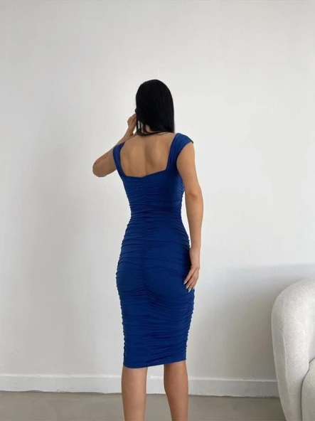 Kadın Sendy Kumaş Kalın Askılı Midi Boy Elbise - Resim 4