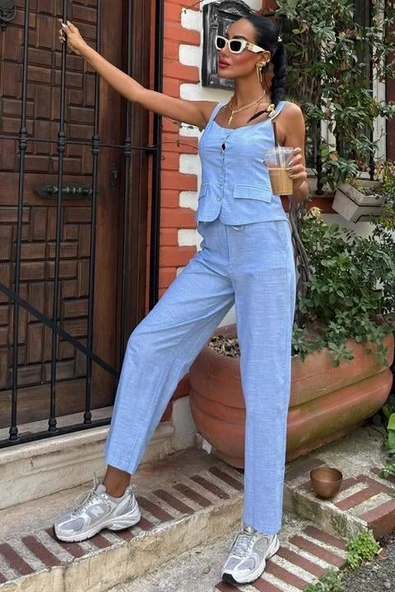 Kalın Askılı Bluz Pantolon Keten Takım 10187 - Resim 7