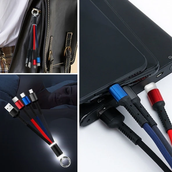 BUFFER® Işıklı Anahtarlık Model 3 in 1 USB Çıkışlı MİKRO,TYPE-C ve İphone Uyumlu Şarj Kablosu ürün görseli