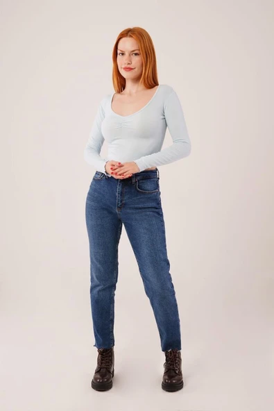 Geniş Yaka Bebe Mavisi Basic Body Bluz - 2