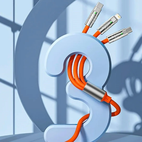 BUFFER®  3 Şarj Aleti 1 Arada Çinko Alaşım Hızlı Şarj Kablosu Turuncu - Resim 9