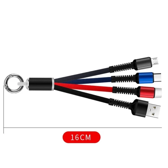 BUFFER® Işıklı Anahtarlık Model 3 in 1 USB Çıkışlı MİKRO,TYPE-C ve İphone Uyumlu Şarj Kablosu - Resim 13