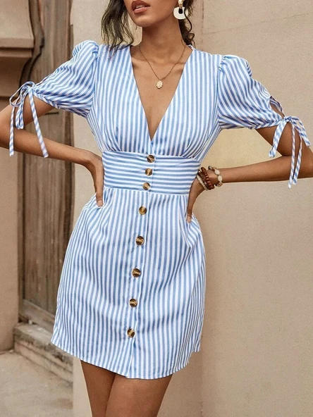 Kadın Kısa Bağcıklı Kol Kruvaze Yaka önden Düğmeli Kısa Poplin Elbise - Resim 3