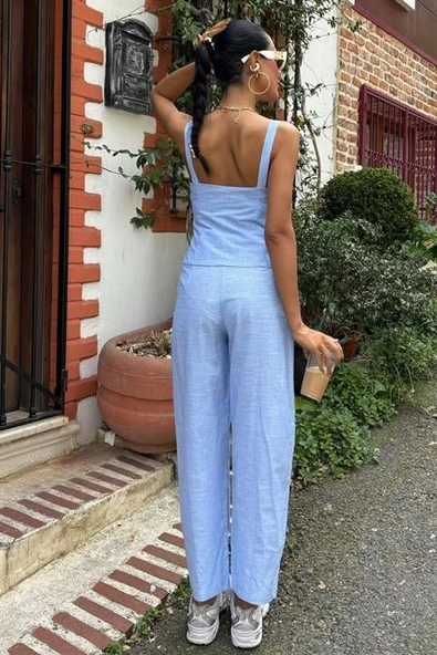 Kalın Askılı Bluz Pantolon Keten Takım 10187 - Resim 4