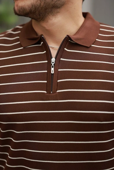 Erkek Fermuar Yakalı çizgili Kısa Kollu T-shirt - Resim 3