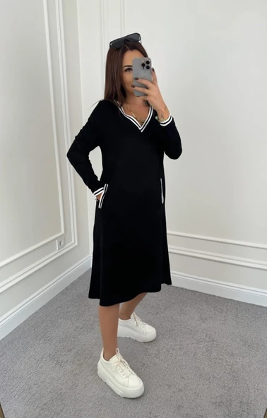 Kadın Uzun Kollu V Yakalı şerit Detaylı Cepli Midi Viskon Iki Iplik Elbise ürün görseli