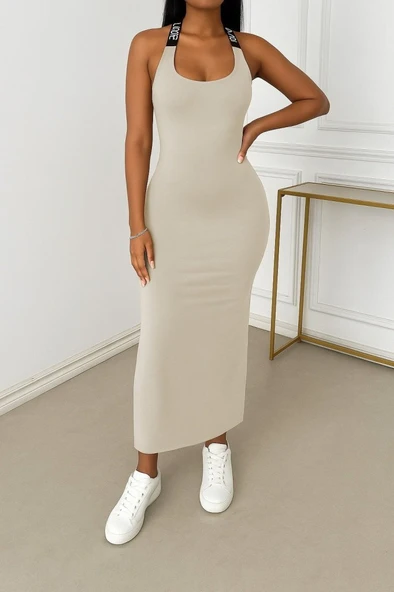 Kadın Yuvarlak Yaka Sırttan çapraz şerit Love Detaylı Yırtmaçlı Viskon Elbise - Resim 2