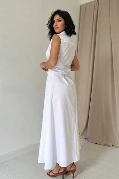 Beyaz Gömlek Yaka Bağlamalı Elbise - Resim 4