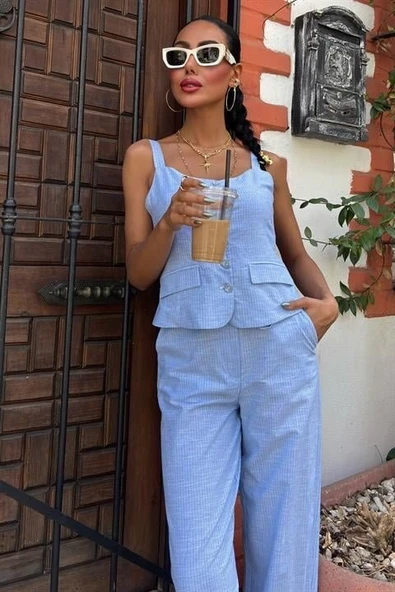 Kalın Askılı Bluz Pantolon Keten Takım 10187 - Resim 2