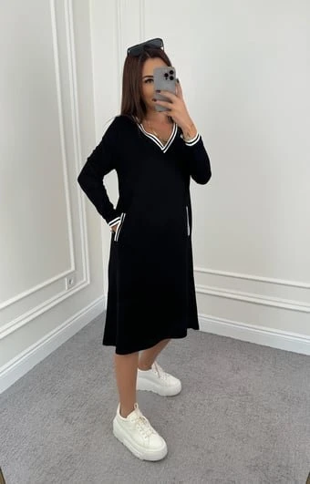 Kadın Uzun Kollu V Yakalı şerit Detaylı Cepli Midi Viskon Iki Iplik Elbise - Resim 12