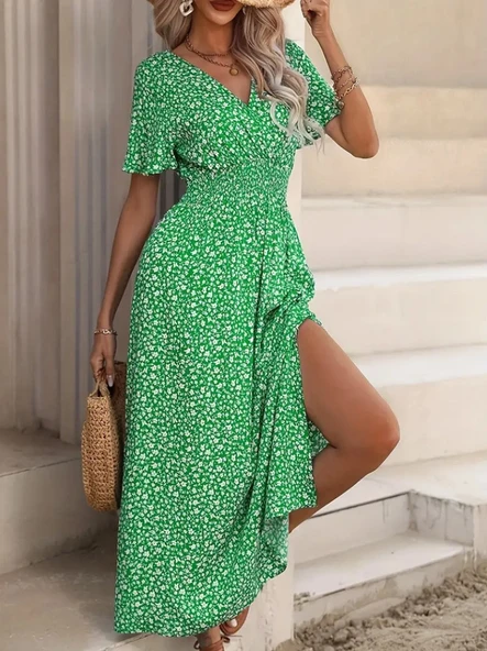 Kadın Kısa Kollu Kruvaze Yaka Beli Lastikli Yanlardan Yırtmaçlı Uzun çiçekli Elbise - Resim 6