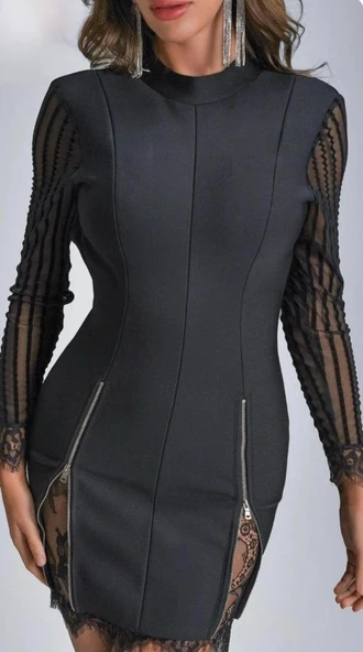 Kadın Kolları Ve Etek Ucu Dantel Detay Fermuar Dekolteli Skuba Kumaş Mini Elbise ürün görseli