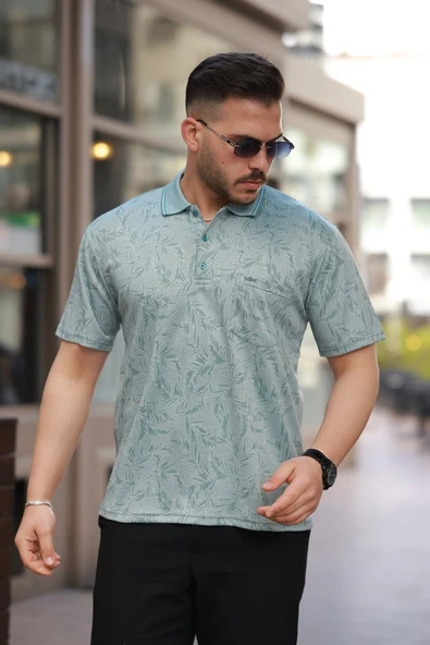 Erkek Yakalı Jakar Baskılı Kısa Kollu T-shirt - Resim 4