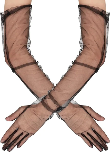 Uzun Boy Likralı Siyah Yetişkin Mega Tül Eldiven ürün görseli