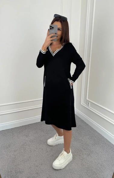 Kadın Uzun Kollu V Yakalı şerit Detaylı Cepli Midi Viskon Iki Iplik Elbise - Resim 3