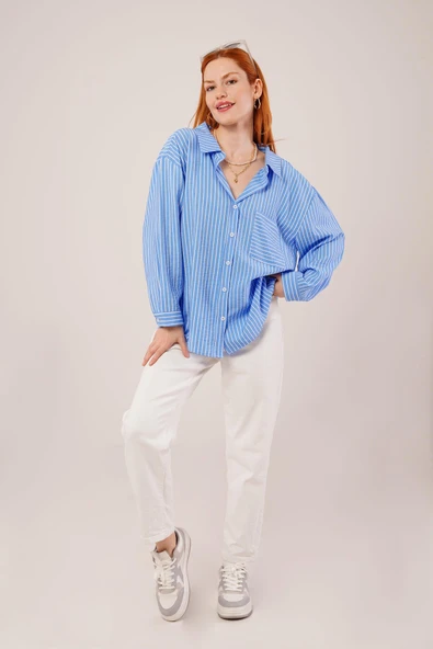 Çizgi Detaylı Cepli Mavi Gömlek - 2