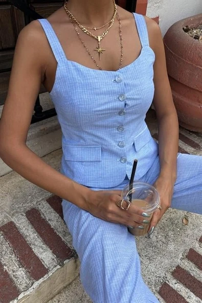 Kalın Askılı Bluz Pantolon Keten Takım 10187 - Resim 8