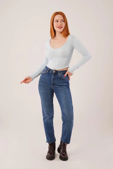 Geniş Yaka Bebe Mavisi Basic Body Bluz - 4