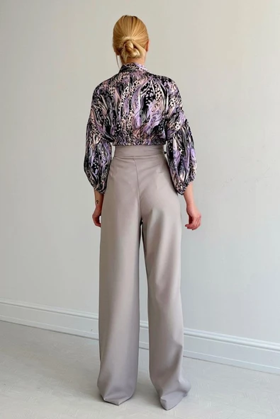 Beli Lastikli Saten Gömlek - Lila - Resim 3