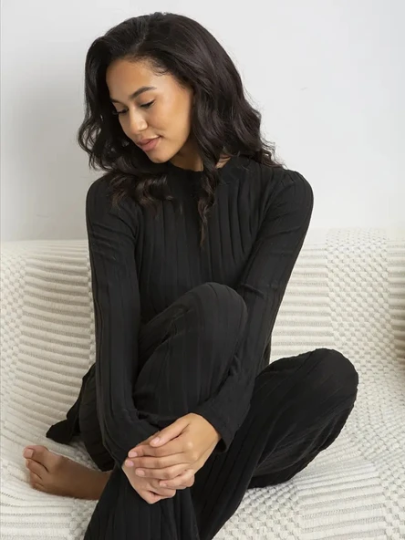 Kadın Uzun Kollu Yuvarlak Yaka Yandan Yırtmaç Detaylı şardonlu Kaşkorse Bluz Ve Pantolon Ikili Takım - Resim 4