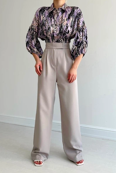 Beli Lastikli Saten Gömlek - Lila ürün görseli