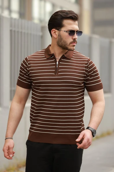 Erkek Fermuar Yakalı çizgili Kısa Kollu T-shirt - Resim 4