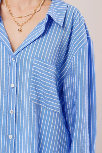 Çizgi Detaylı Cepli Mavi Gömlek - 4