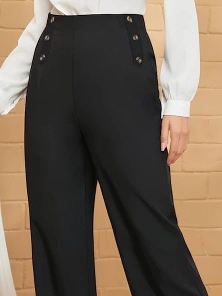 Kadın Düğme Detay Bol Paça Ithal Krep Pantolon - Resim 2