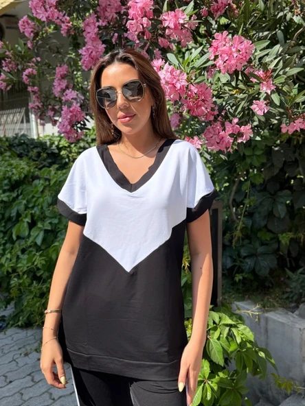 Kadın Kısa Kollu V Yaka Siyah Beyaz Renkli Viskon Iki Iplik Kumaş Eşofman Takımı - Resim 3