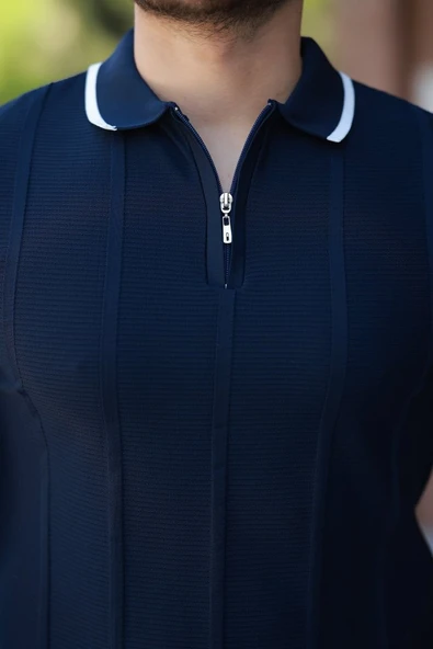 Erkek Yakalı Fermuarlı Kısa Kollu T-shirt - Resim 3