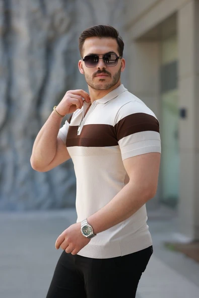 Erkek Fermuar Yakalı şerit Renk Desenli Kısa Kollu Tişört - Resim 2