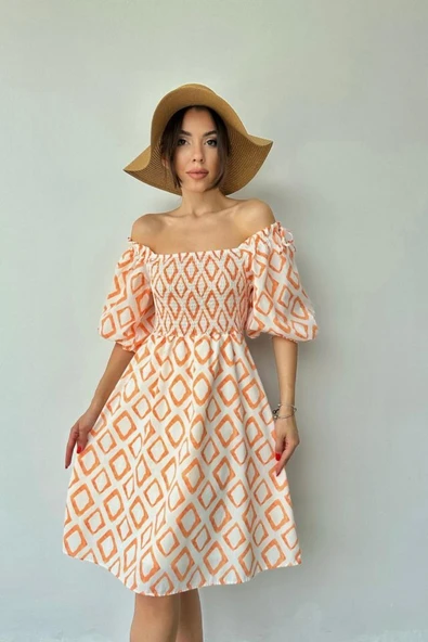 Oranj Kare Desenli Yazlık Elbise ürün görseli