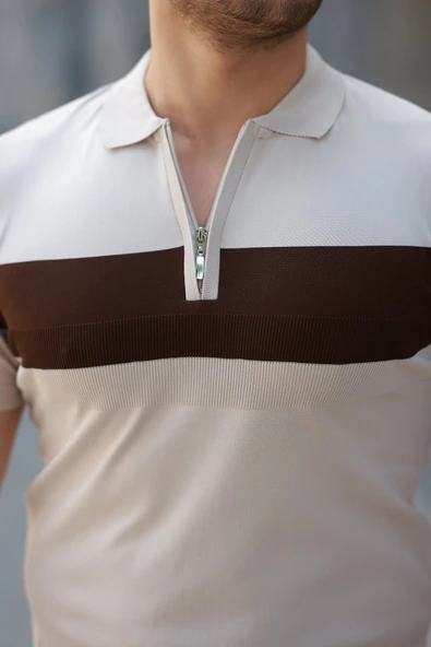 Erkek Fermuar Yakalı şerit Renk Desenli Kısa Kollu Tişört - Resim 3