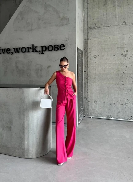 TEK KOL YELEK - PANTOLON TAKIM ATLAS - Fuşya - Resim 2