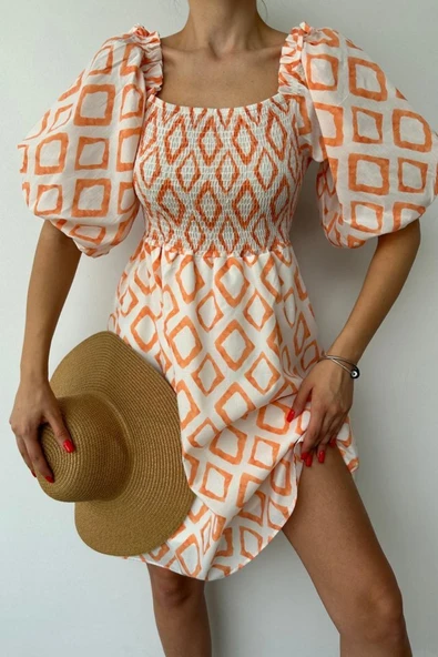 Oranj Kare Desenli Yazlık Elbise - Resim 3