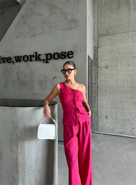 TEK KOL YELEK - PANTOLON TAKIM ATLAS - Fuşya ürün görseli